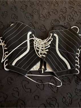 AKIRA Black and White Lace-Up Pinstripe Crop Top